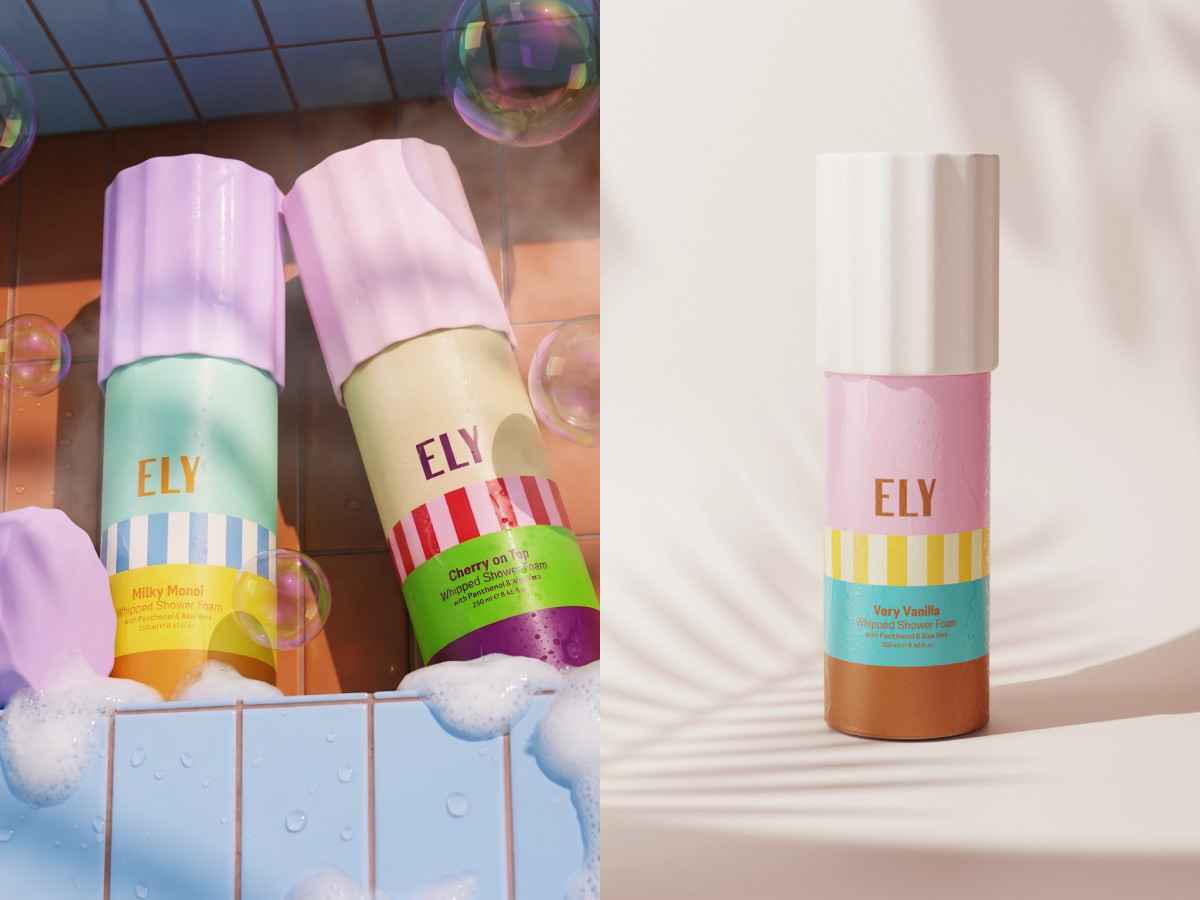Three colorful Ely whipped shower foam bottles among bubbles.