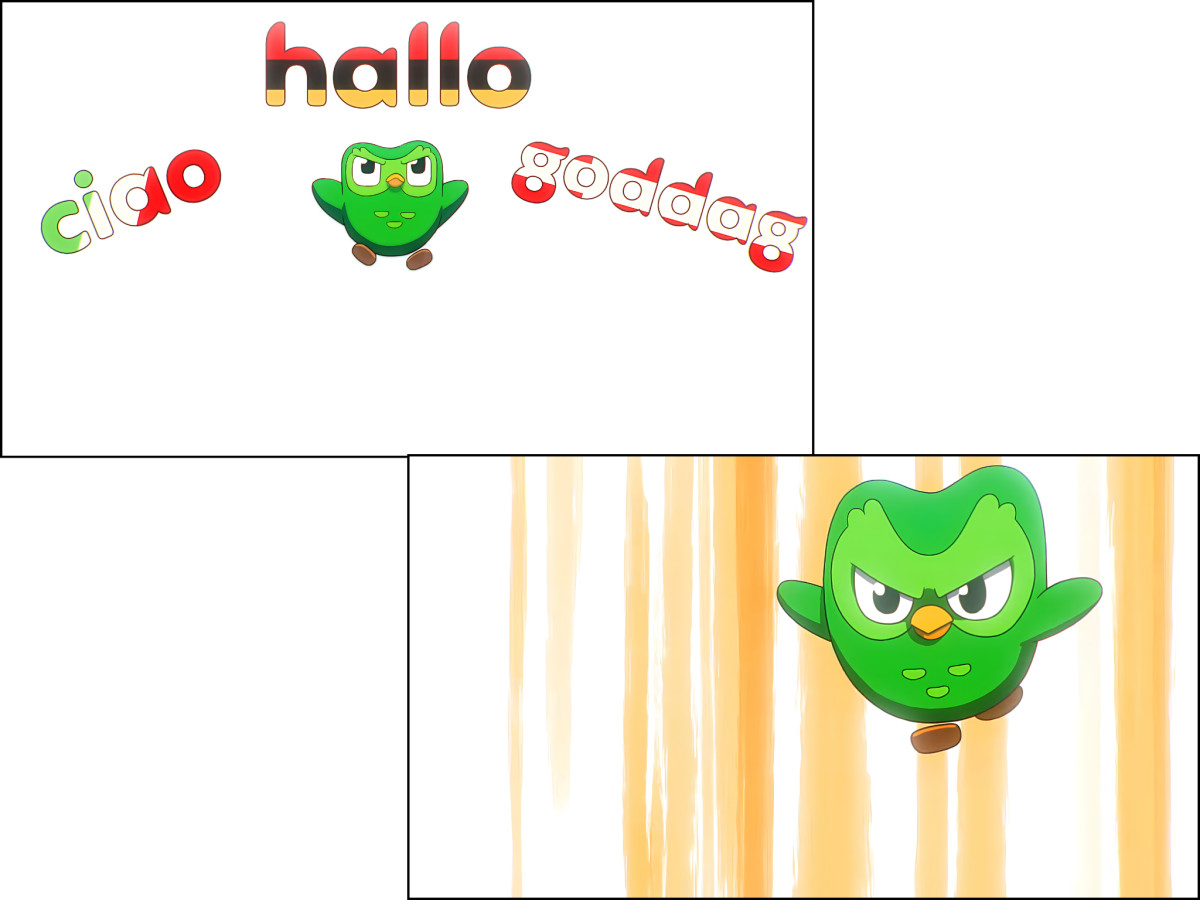 Angry Duolingo owl flying with international greetings.