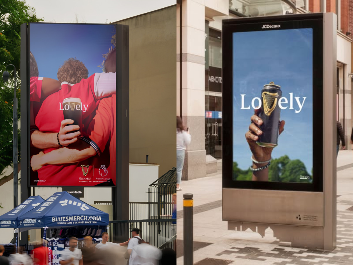 Outdoor digital billboards featuring Guinness "Lovely" campaign ads.