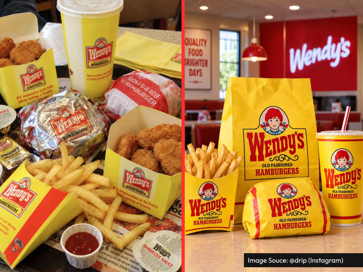 Classic yellow Wendy's fast-food meal packaging set.