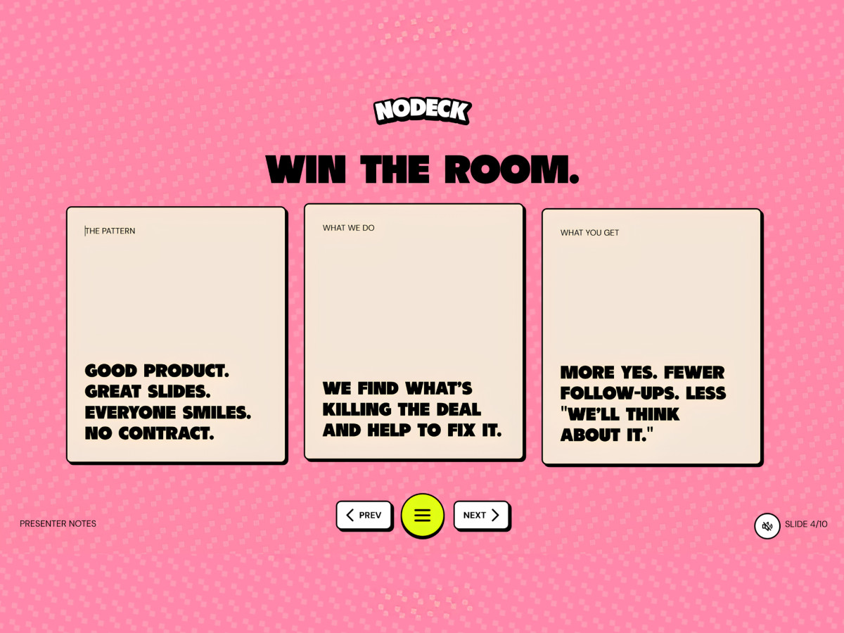Pink Nodeck website interface titled "WIN THE ROOM."