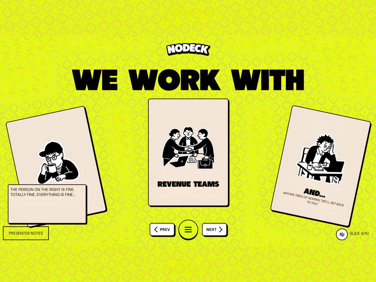 Yellow Nodeck interface featuring three illustrated character cards.