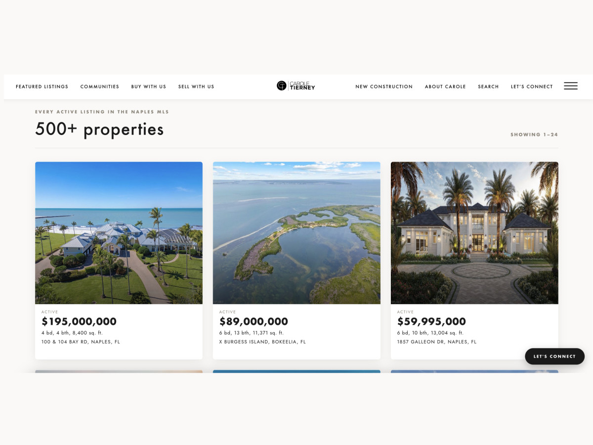 Carole Tierney website displaying three luxury property listing cards.