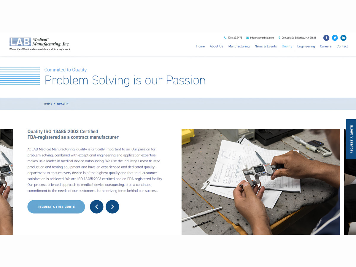 Quality page showing technician measuring instrument with calipers.