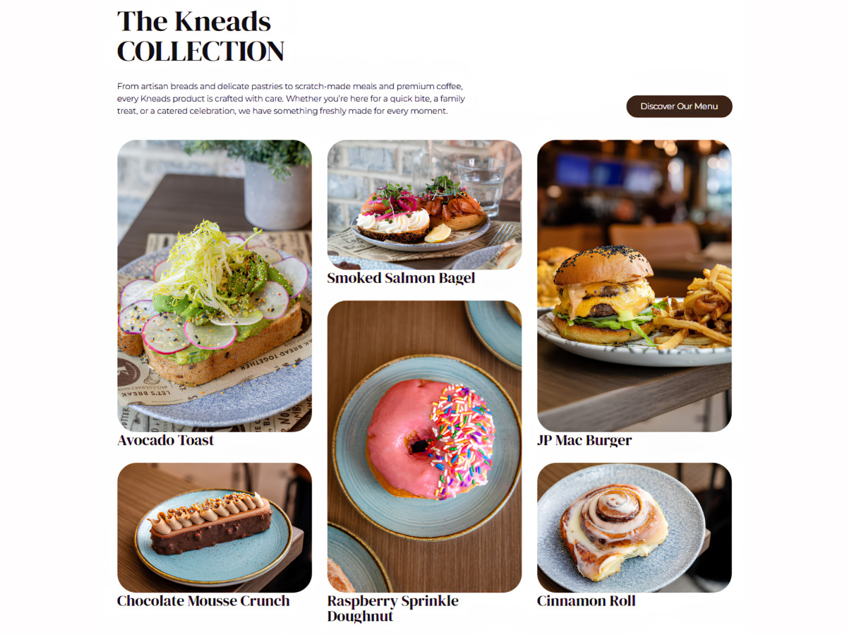 Kneads Collection webpage displaying various bakery and cafe foods.