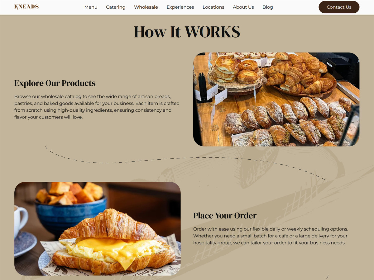 Kneads webpage detailing how to explore products and order.