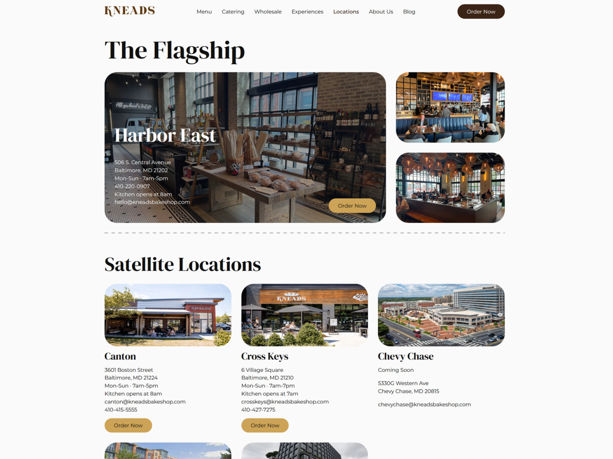 Webpage displaying Kneads Bakeshop flagship and satellite locations.