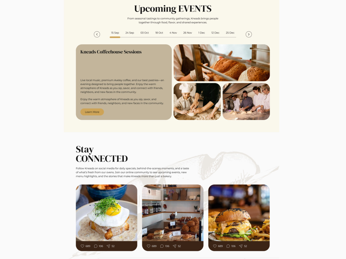 Kneads webpage highlighting upcoming baking events and social media.