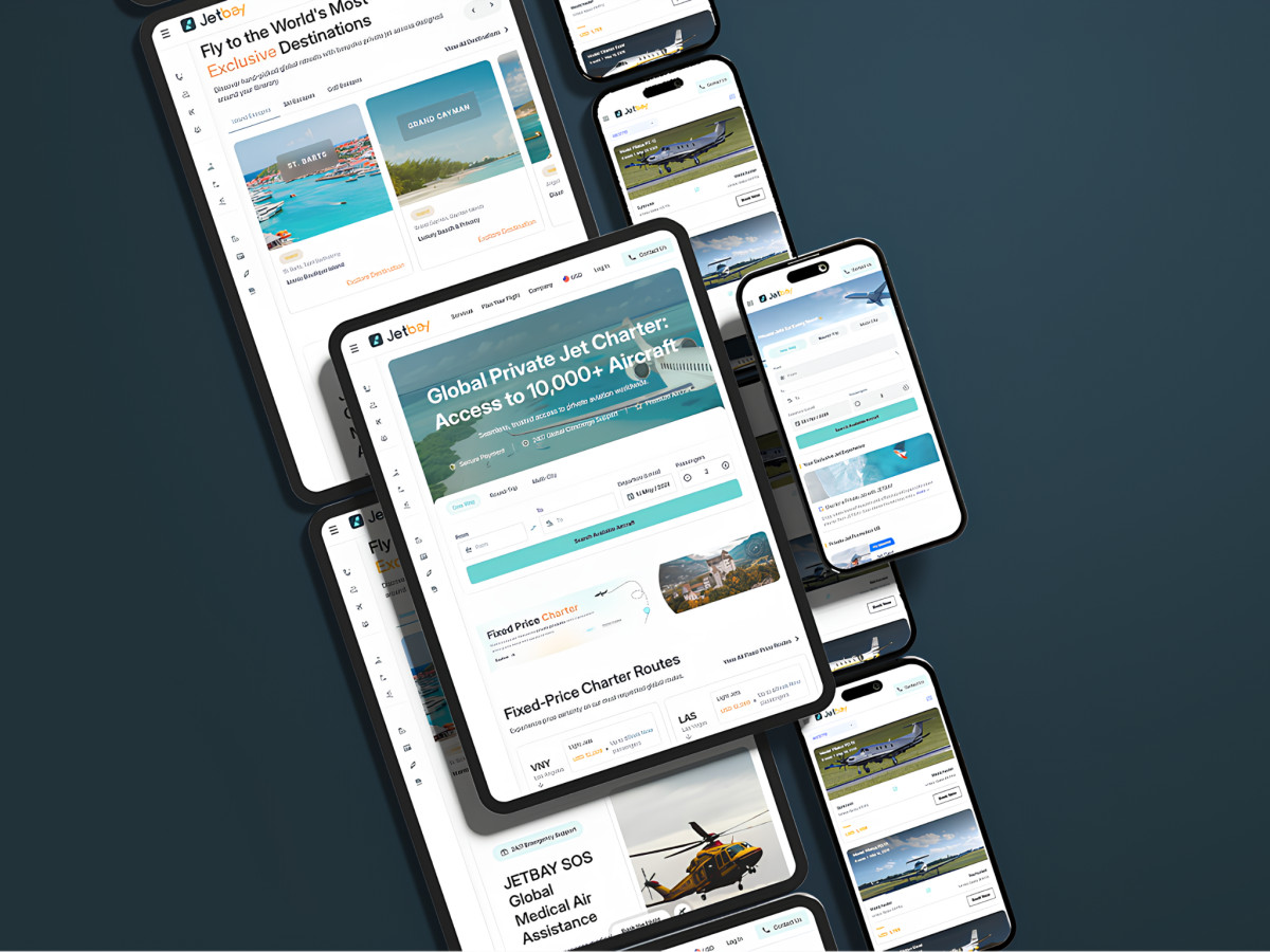 Multiple screens displaying JetBay mobile and tablet app interfaces.