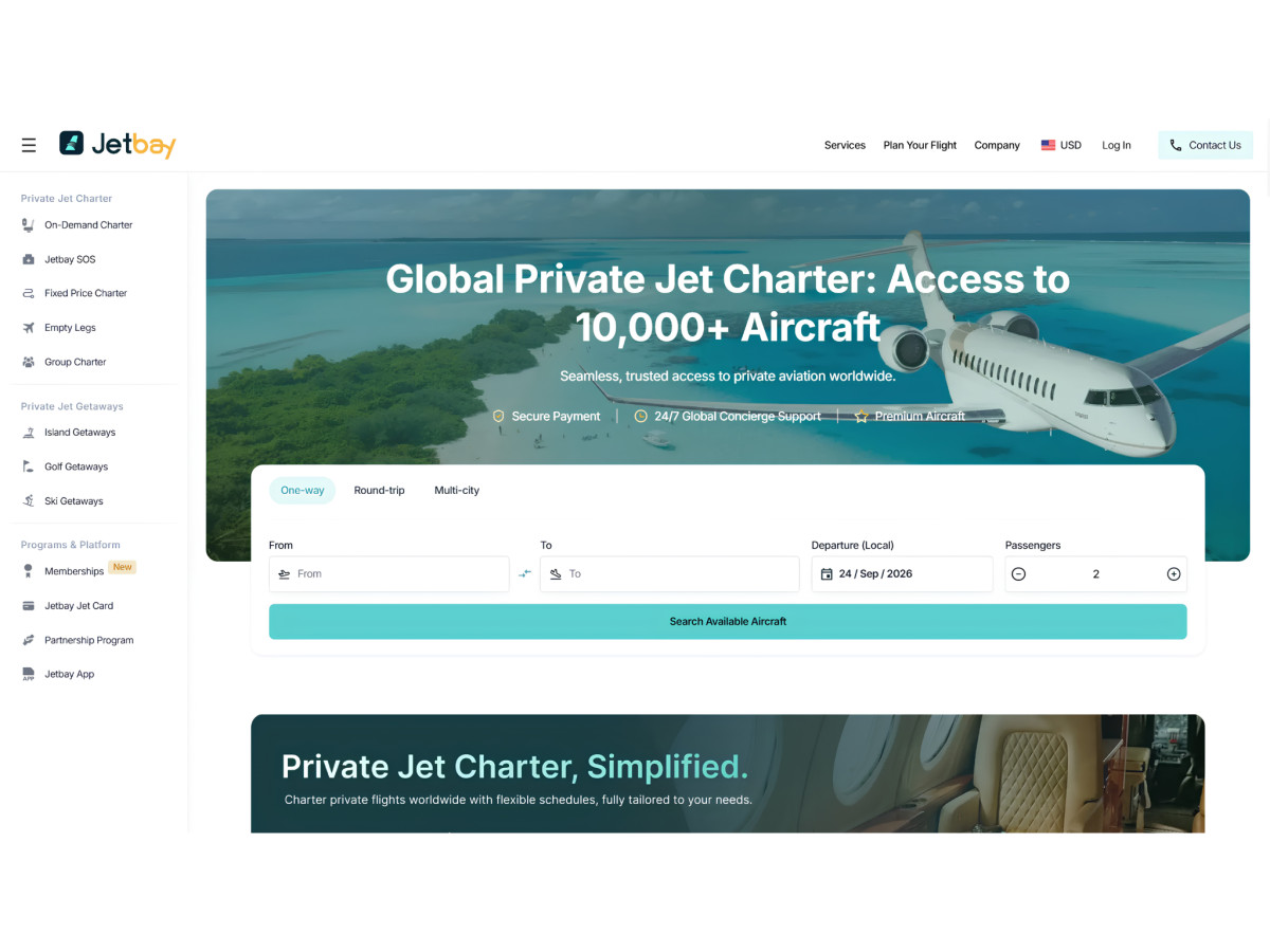 JetBay homepage featuring a private jet and search interface.