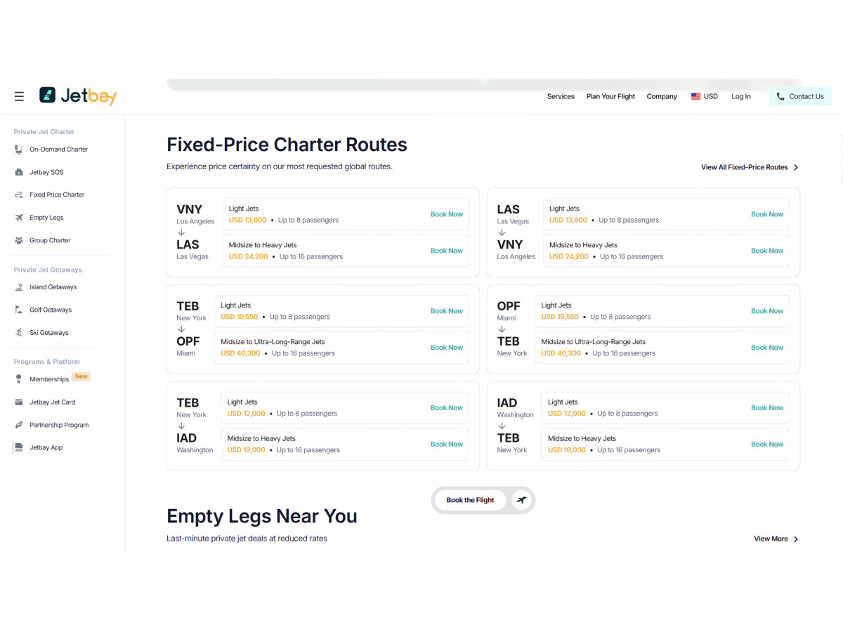 JetBay fixed-price charter routes webpage displaying flight pricing cards.