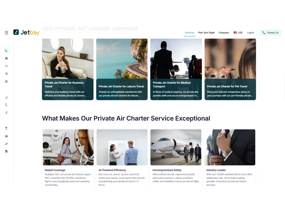 JetBay webpage displaying various private air charter service categories.