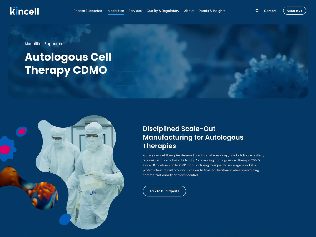 Kincell Bio homepage featuring scientists in cleanroom suits.