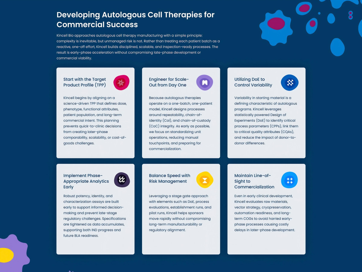 Webpage displaying six informational cards about cell therapies.