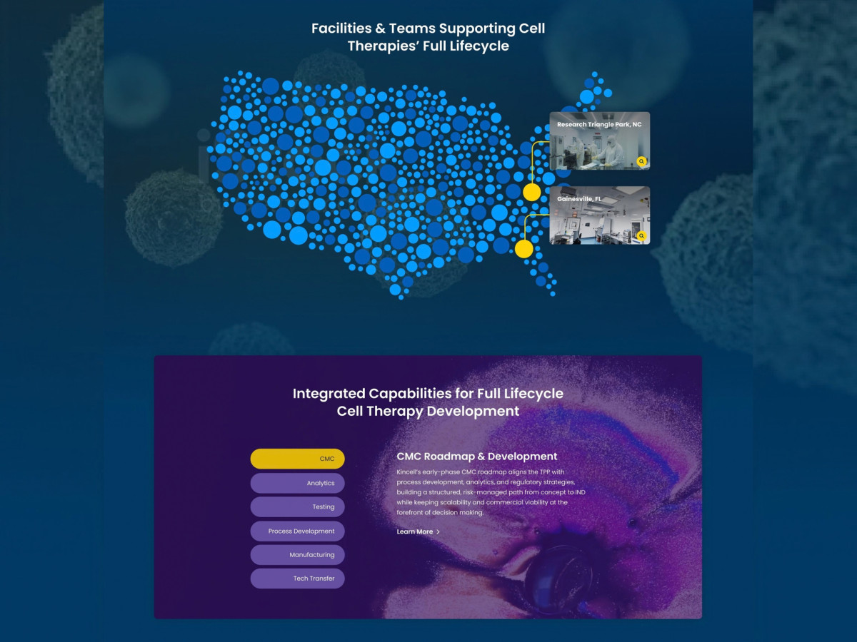 Dotted US map highlighting Kincell Bio facility locations.