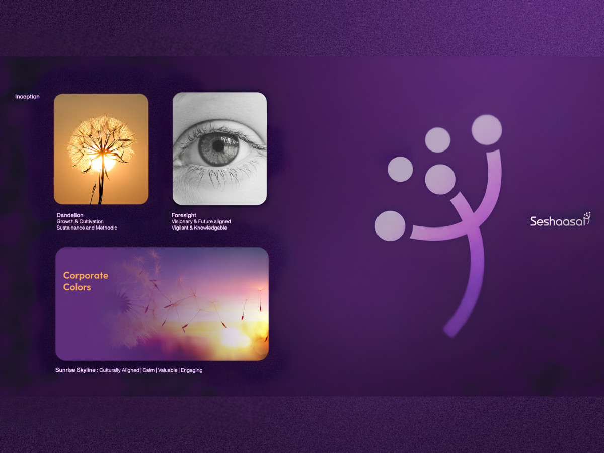 Purple dandelion logo concept and inspiration board for Seshaasai.