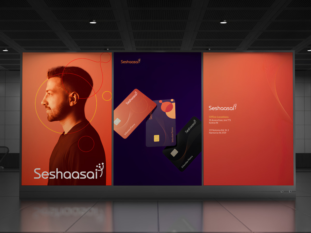 Indoor billboard displaying Seshaasai credit cards and brand imagery.