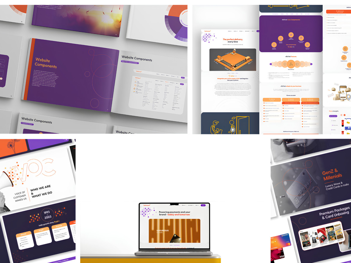 Collection of Seshaasai website components and brand design mockups.