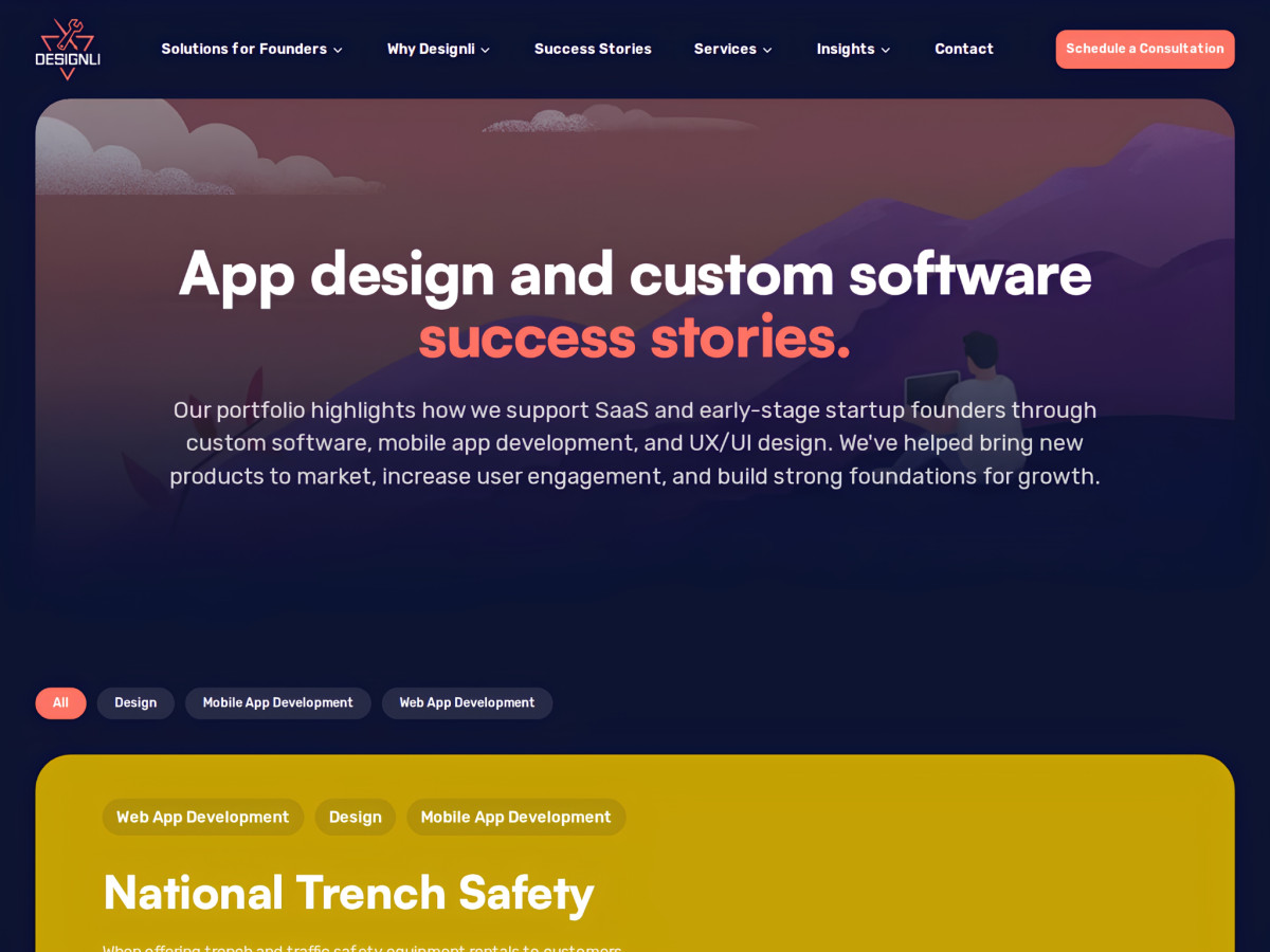 Designli success stories webpage featuring National Trench Safety.
