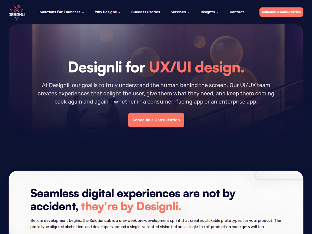 Designli UX/UI design services webpage with consultation button.