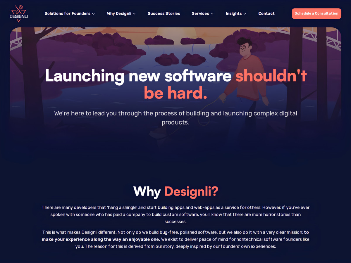 Designli webpage header discussing software launching and company mission.