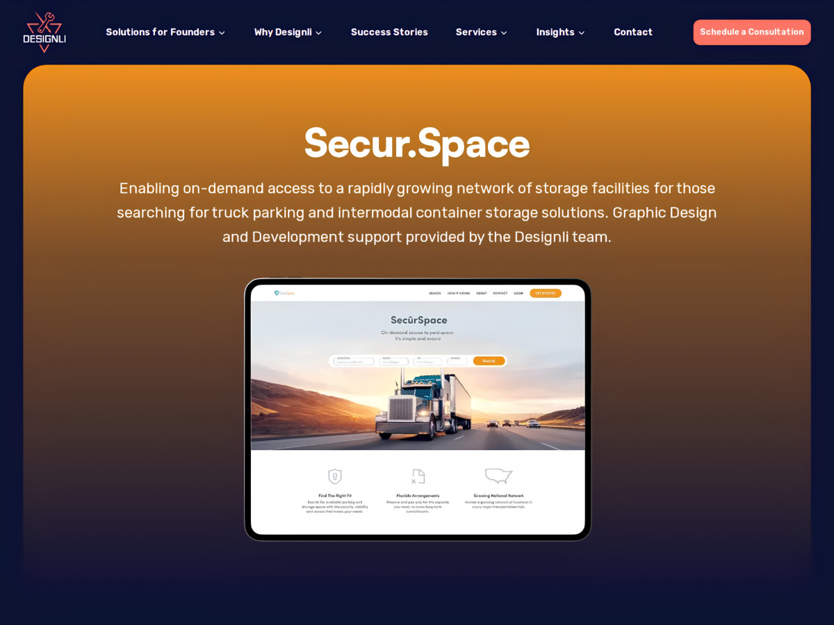 Secur.Space portfolio project displayed on a tablet mockup.