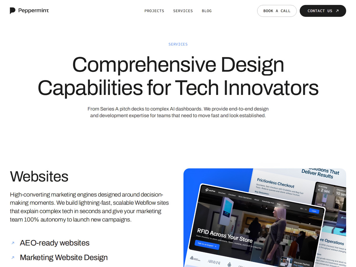 Peppermint page showing design capabilities and a website mockup.