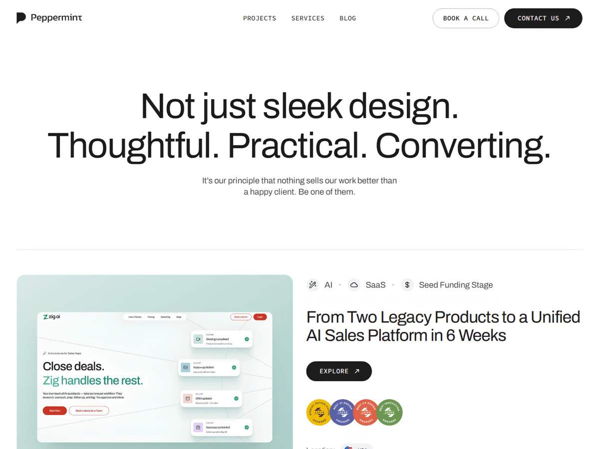 Peppermint page highlighting thoughtful design and an AI case study.