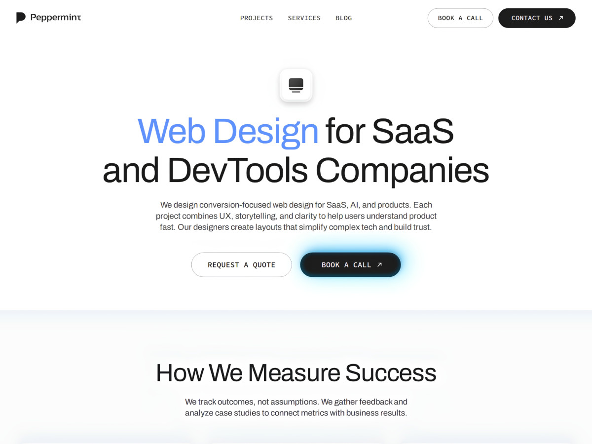 Peppermint header offering web design for SaaS and DevTools.