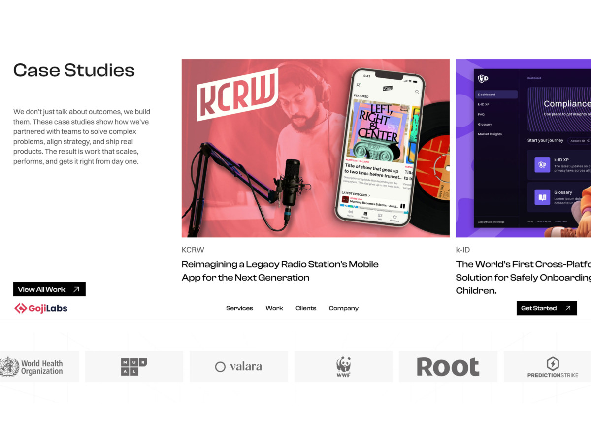 Goji Labs case studies featuring KCRW and client logos.