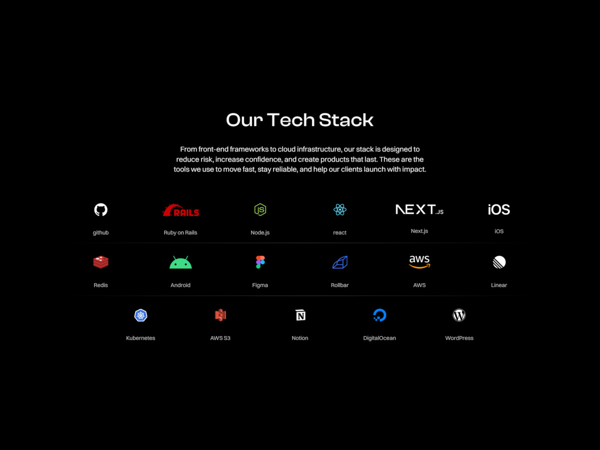 Goji Labs tech stack section with software development logos.