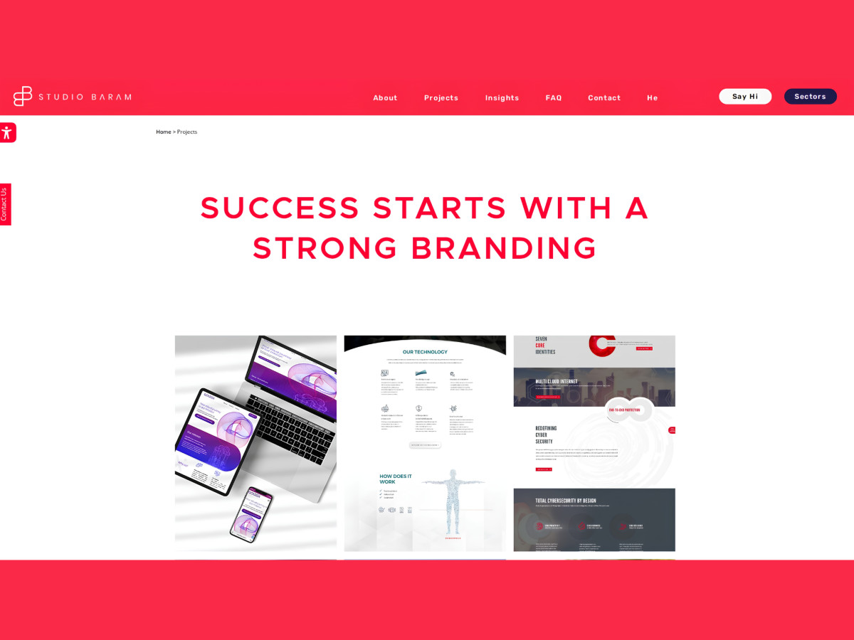 Webpage with bold red and white typographic design.