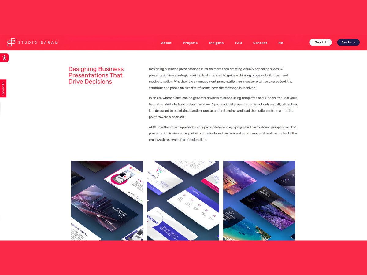 Webpage highlighting strategic business presentation design services.