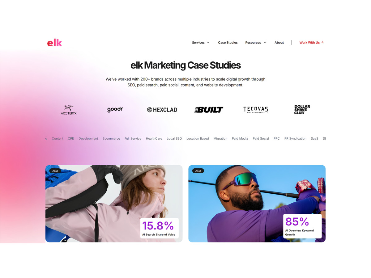 Case studies section with client logos and performance metrics.