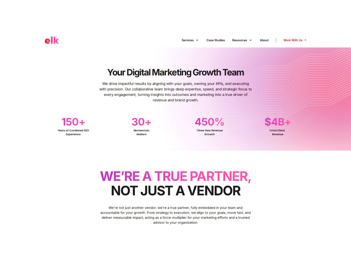 Marketing team section highlighting large revenue and growth metrics.