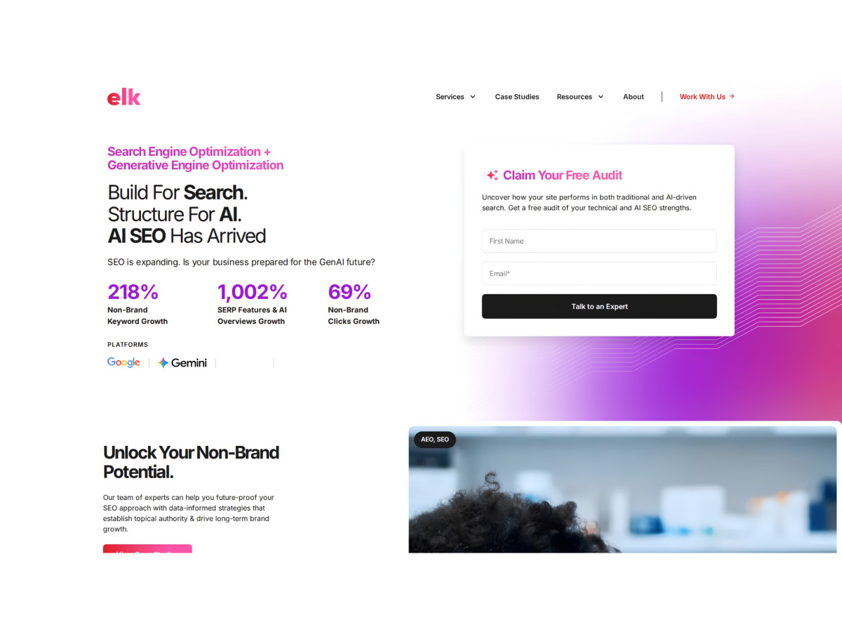 AI SEO page section with metrics and audit form.