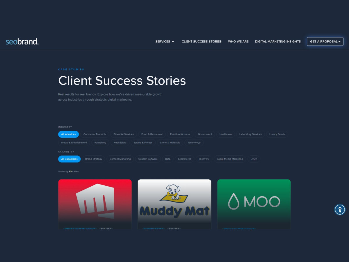 Client success stories section with industry filters and cases.