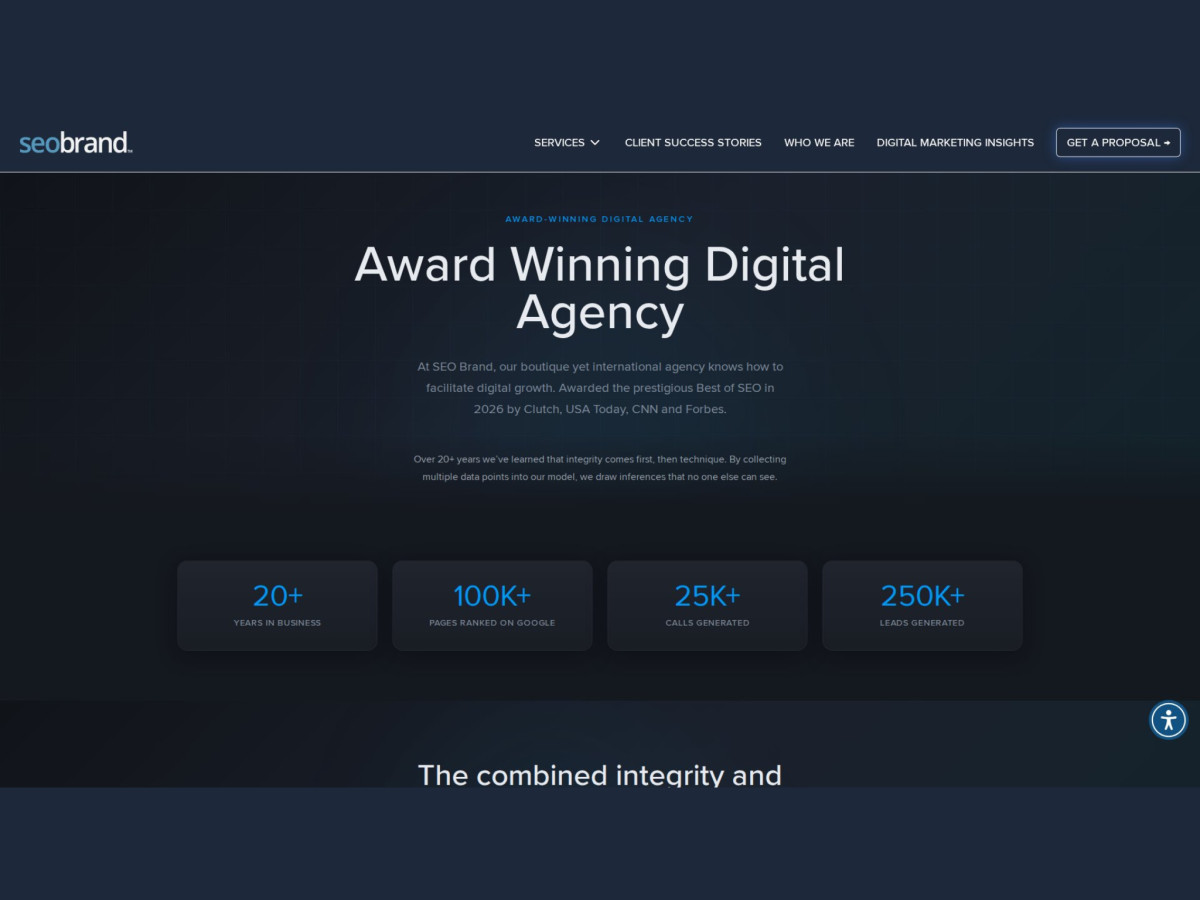 Award winning agency section showing years and lead metrics.