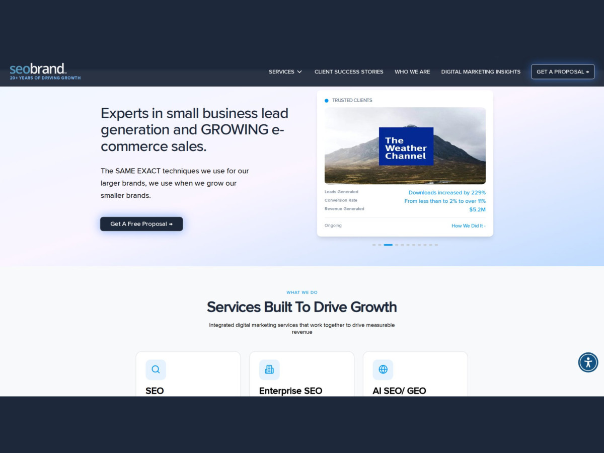 Lead generation expertise section with a client success highlight.