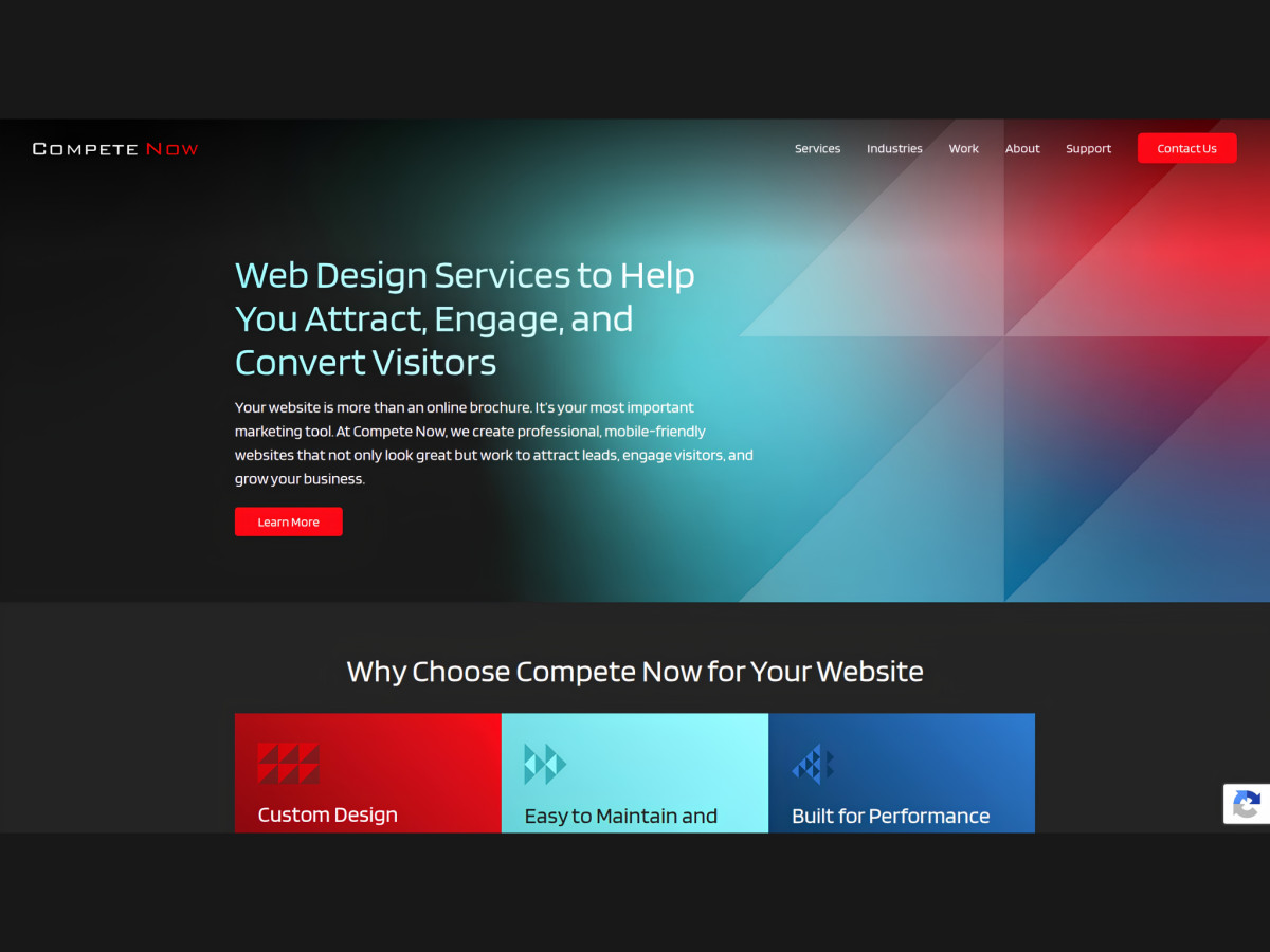 Web design services hero section with feature benefit blocks.