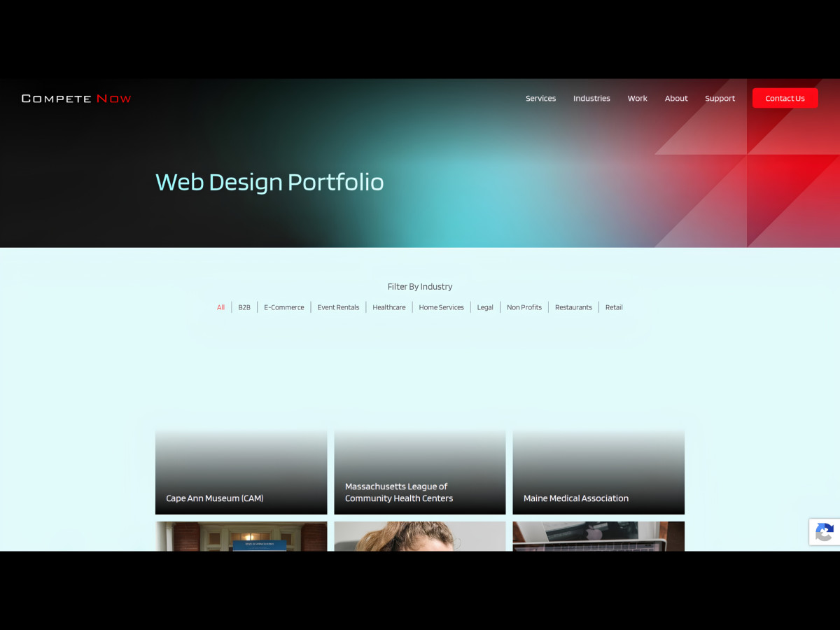 Web design portfolio section featuring industry filters and project grid.