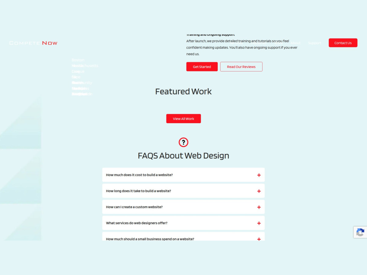 Featured work section and web design frequently asked questions accordion.