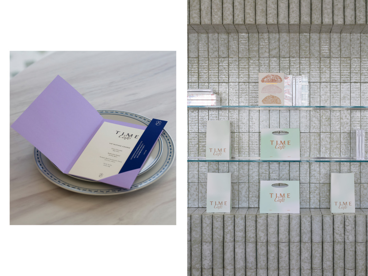 Cafe TIME pastel menu and retail packaging display.