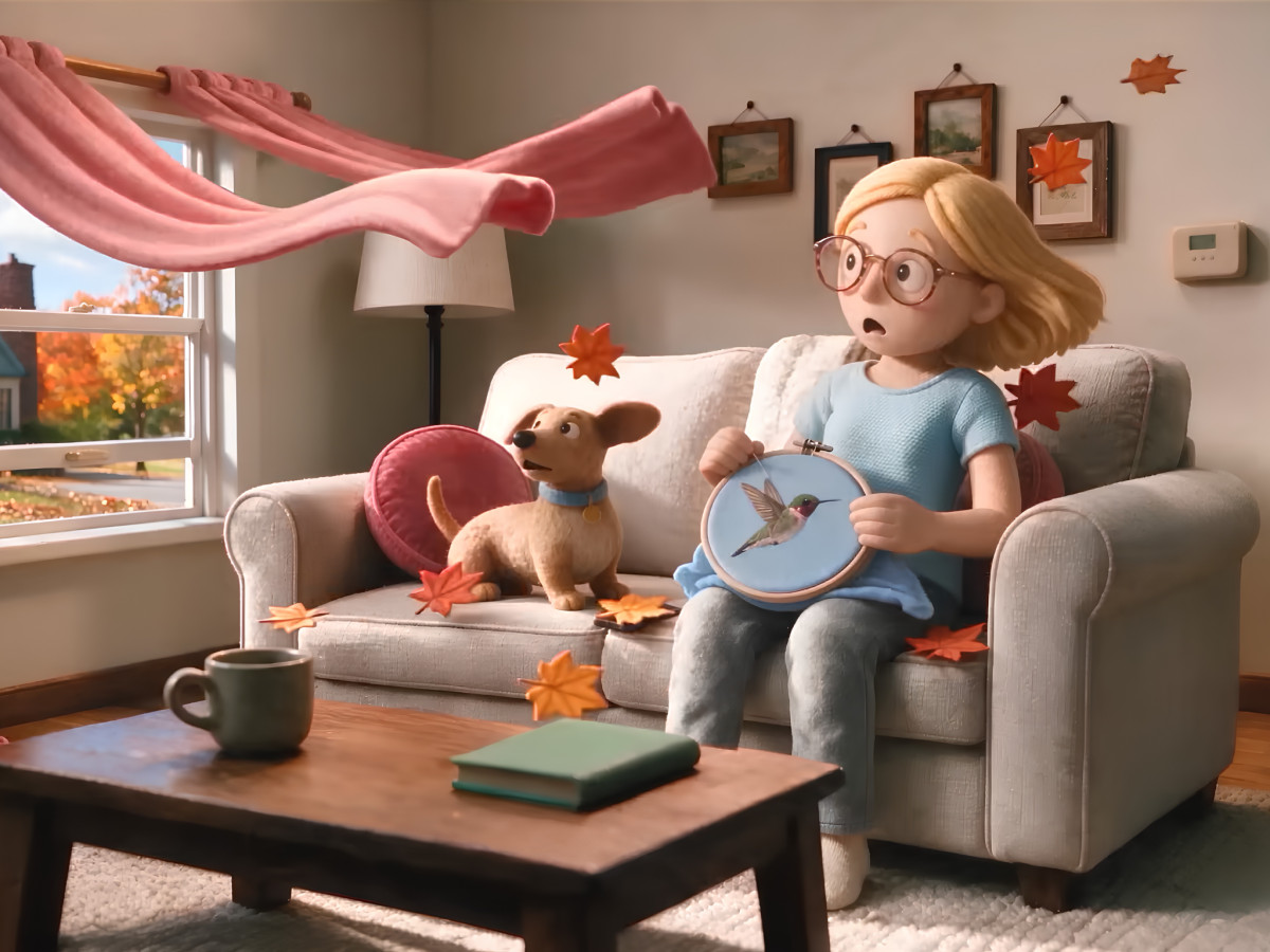 Stop-motion woman and dog surprised by autumn breeze indoors.