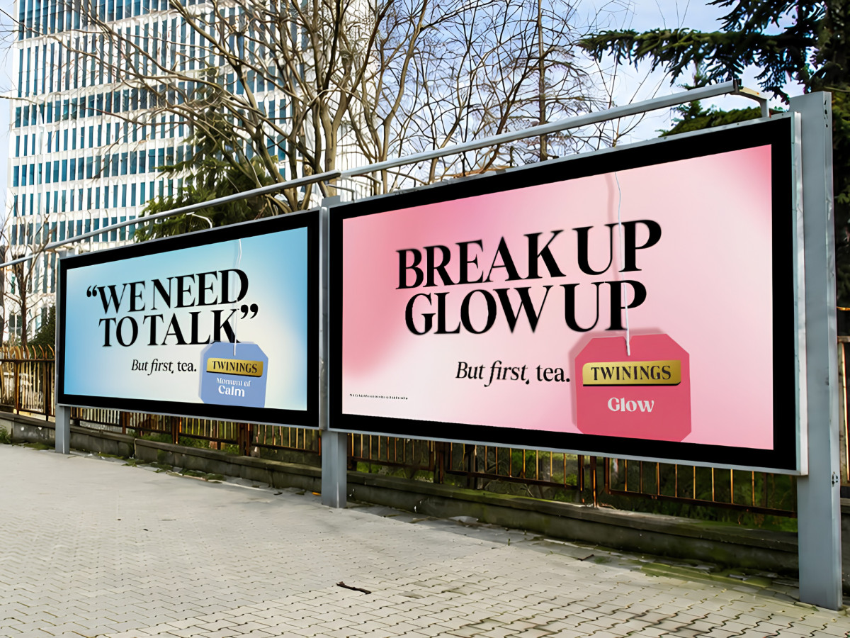 Side-by-side Twinings billboards promoting Calm and Glow teas.