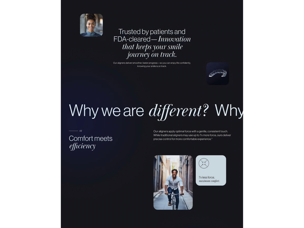 Dark website section detailing aligner comfort, efficiency, and FDA clearance.