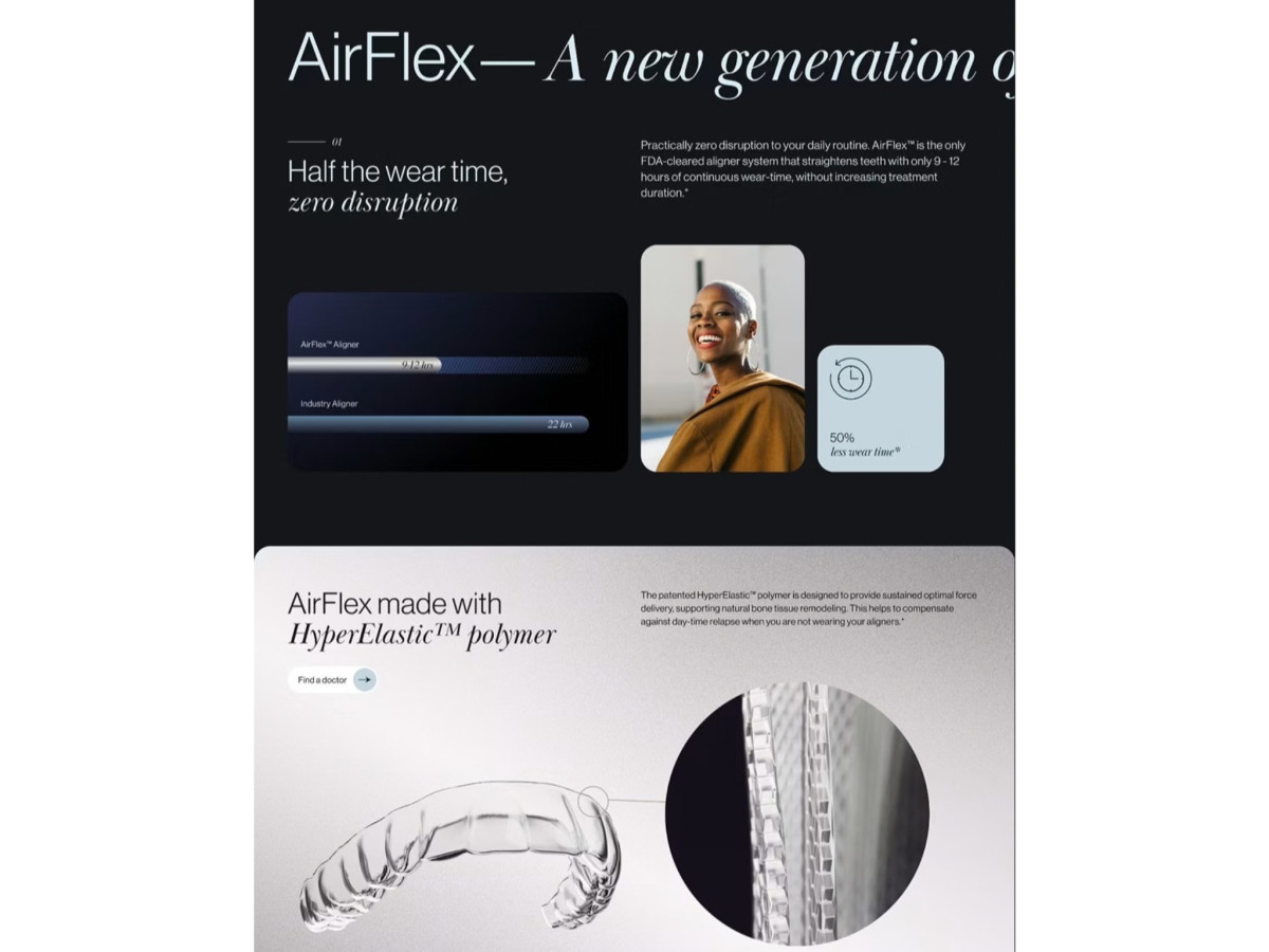 AirFlex aligners webpage section highlighting reduced wear time and materials.