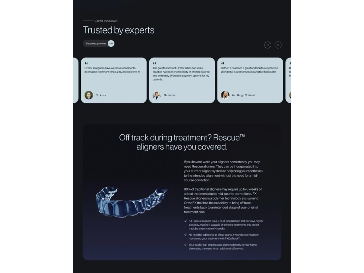 Website section displaying expert doctor testimonials and Rescue aligner details.