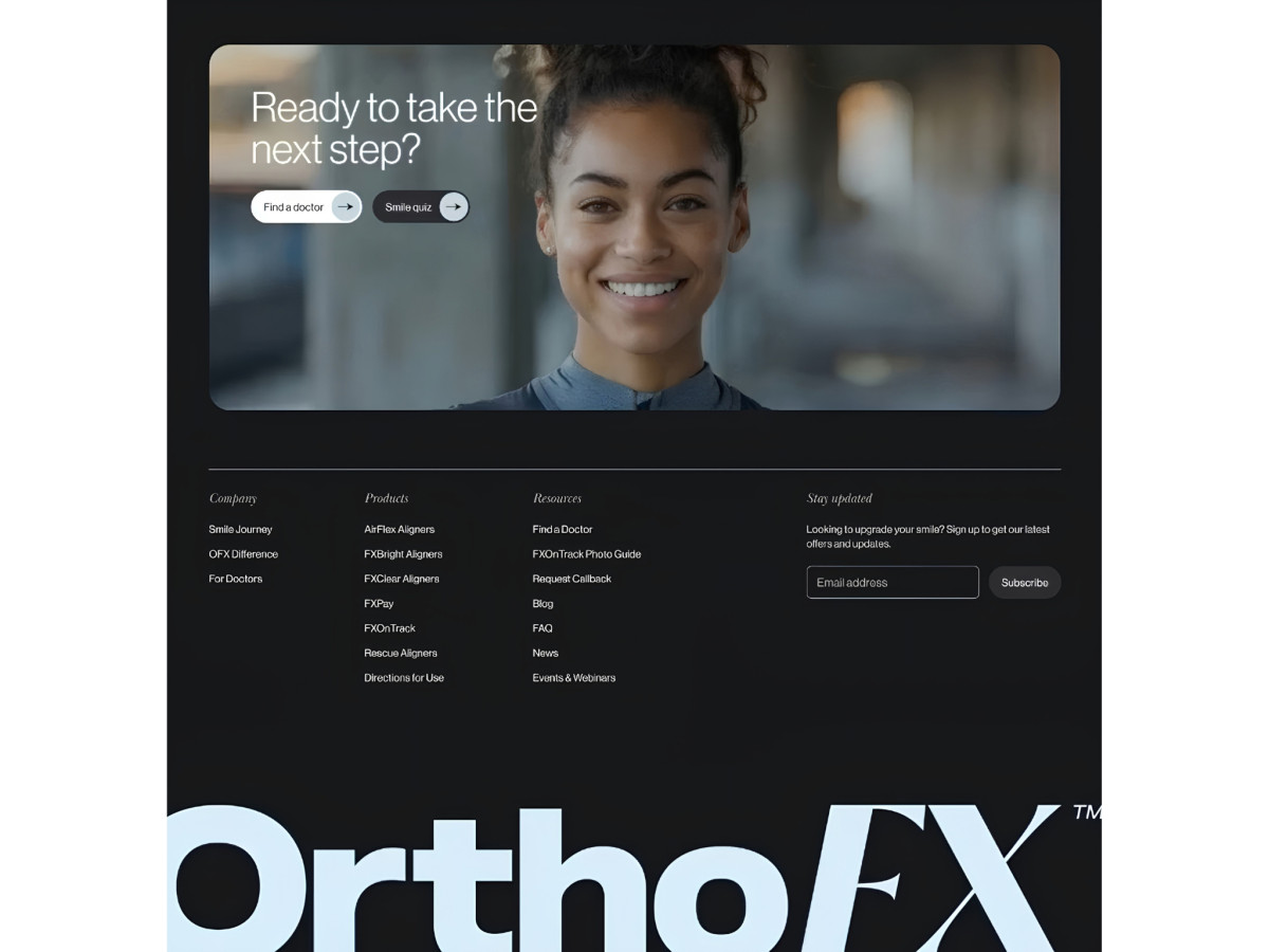 OrthoFX website footer featuring a patient portrait and oversized wordmark.