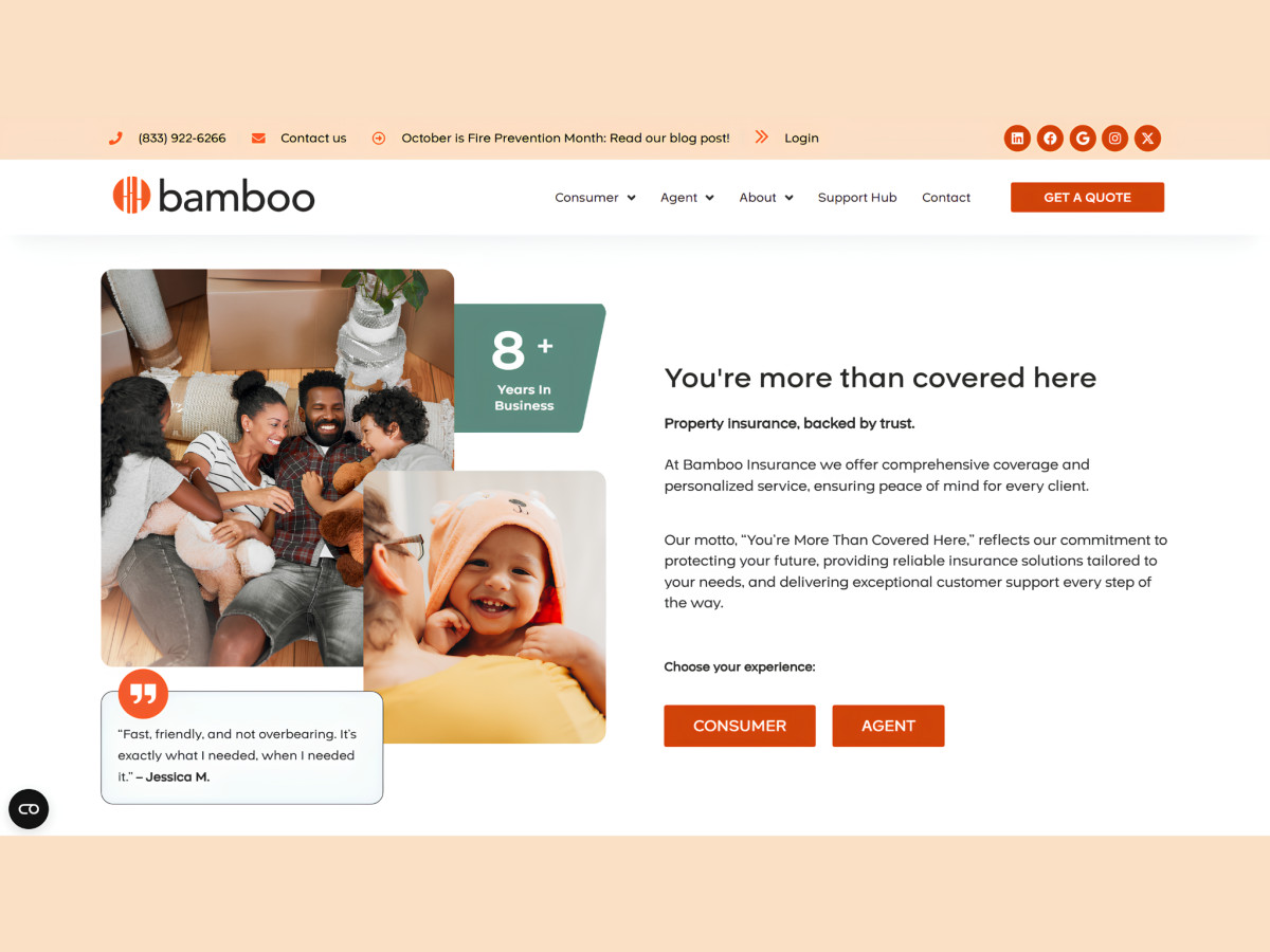 Bamboo homepage displaying family photography and audience selection buttons.